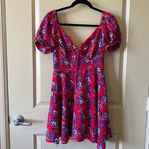 BOOHOO ♥️ Red with blue floral print puff sleeve skater dress
